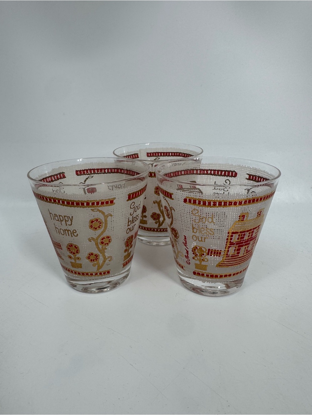 Vintage God Bless Our Happy Home Glass Set Red Gold Country Cottage Chic Glasses